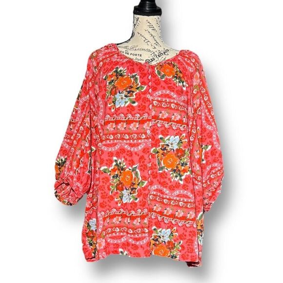 Lauren Conrad 3X Red Floral Boho Peasant Blouse Button Front Cottagecore Top - Picture 2 of 9